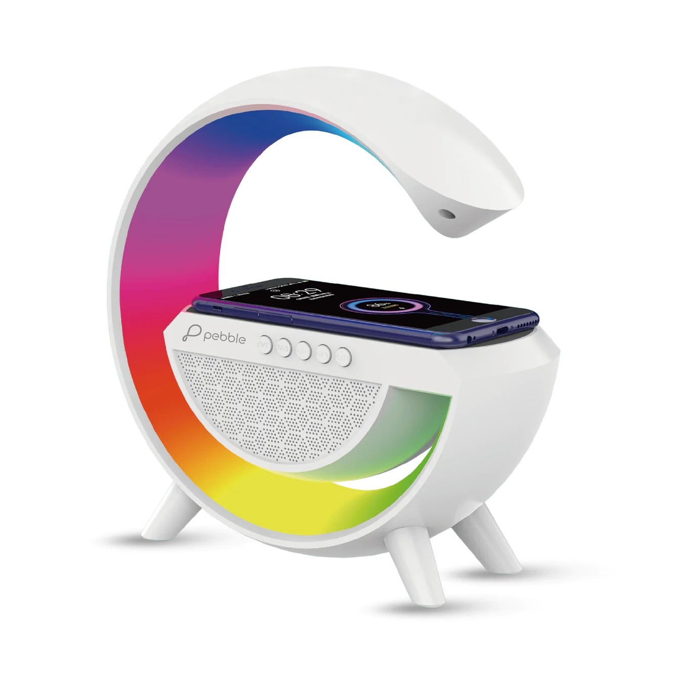 Pebble Aura 101 3 IN 1 SPEAKER  RGB LIGHT - LED LAMP WIRELESS CHARGER 15W FAST STEREO SPEAKER BT. V5.1 HIGH QUALITY BUILT DESIGN SUPPORT iOS & ANDROID DEVICES MULTIPLE CONNECTIVITY (AUX / FM / SD CARD)